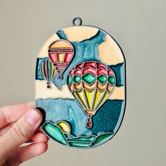 Vintage 80s Stained Glass Suncatcher Ornament | Hot Air Balloons